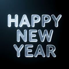 &ldquo;HAPPY NEW YEAR&rdquo; in frosted glass text, subtle shimmer, minimal dark backdrop