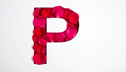 Letter P made of vibrant red rose petals on a clean white background.