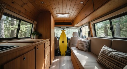 Cozy Wooden Camper Van Interior with Surfboard