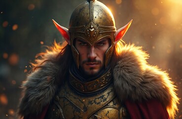 Elf warrior in ornate gold armor with fur trim stands stoically in a sunlit forest. His pointed ears and stern gaze suggest ancient power and a readiness for battle. He wears a golden helmet.
