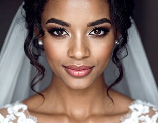 Close-up of elegant woman on wedding day, wearing veil and dress