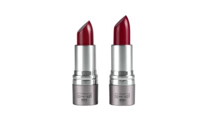 Two red lipsticks with silver tubes stand side-by-side on black backdrop