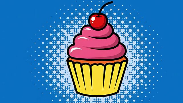 Pop Art Cupcake with Pink Frosting and Cherry Illustration on Blue Halftone Background