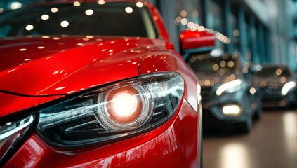 A red luxury car headlight with sleek design, clear glass cover, and modern styling inside a showroom with reflections and ambient lighting