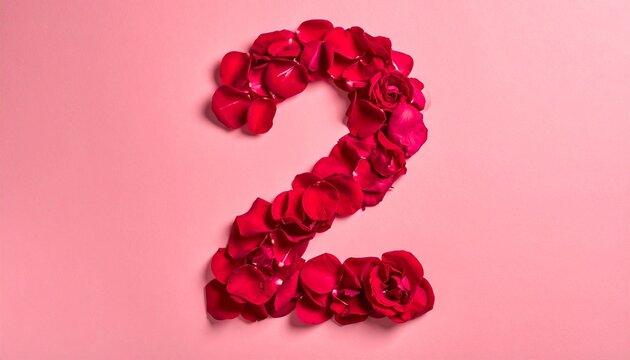 Number Two Made of Red Rose Petals on Pink Background.