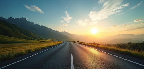 Empty asphalt road curves through green grassy hills towards mountains at sunset. Golden sun shines bright in a blue sky with wispy clouds. A scenic drive awaits.