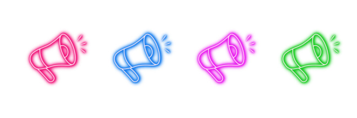Neon glowing megaphone vector icons set, announcement, communication, marketing, promotion, alert, vibrant colorful digital design illustration on transparent background.