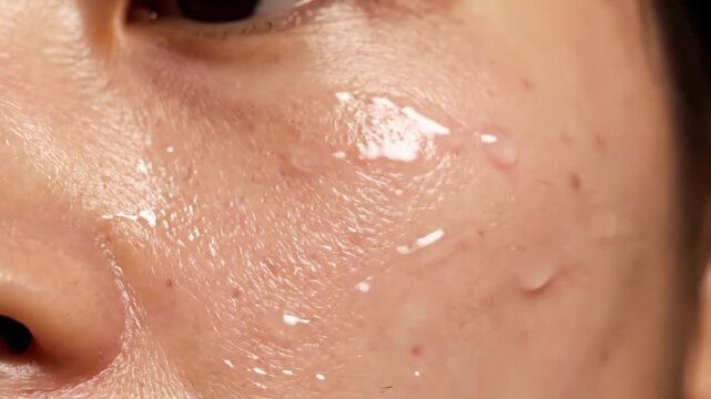 Close-up: Glistening water droplets on hydrated, dewy skin. Skincare, beauty, and freshness concept.