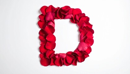 Letter D Made of Red Rose Petals on White Background.