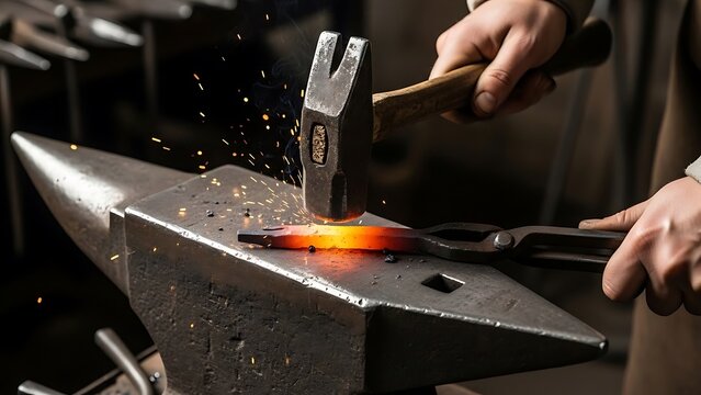 The blacksmith forges a red-hot metal piece on an anvil with a hammer