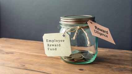 Glass jar with coins signifying employee reward fund and diligence concept on wooden table for financial motivation and recognition