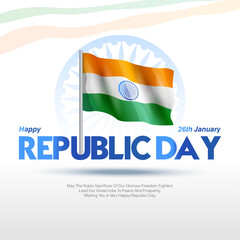 A clean and elegant Republic Day greeting card design featuring the Indian national flag with the Ashoka Chakra in the background. Perfect for 26 January posters, banners, digital greetings.