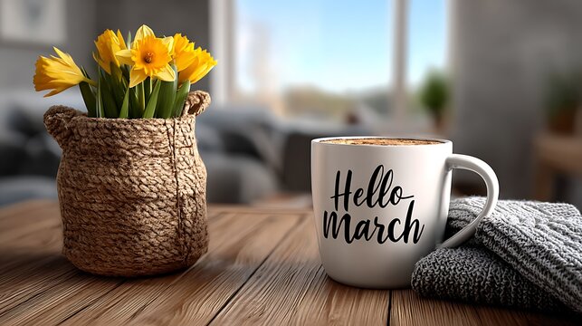 Hello March Cozy Morning Scene With Coffee Cup And Spring Flowers