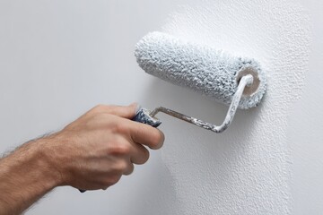 Close-up of hand painting wall with roller