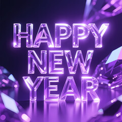 Transparent crystal letters &ldquo;HAPPY NEW YEAR&rdquo;, glowing edges, purple abstract light background