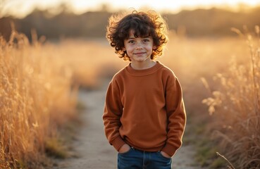Curly haired boy stands in sunlit field wearing brown sweater, jeans. Hands in pockets, gentle smile, looking directly at camera with calm expression. Golden hour light illuminates dry grass, path