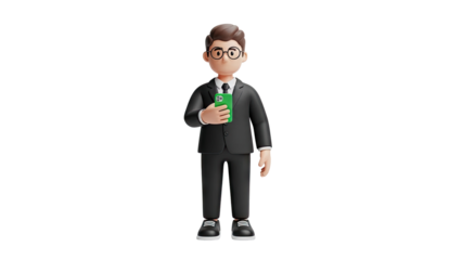 3D Cartoon businessman in a suit holding a green smartphone on transparent background