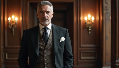 Mature distinguished gentleman stands in opulent room. Elegant man wears formal suit, patterned waistcoat, crisp white shirt, dark tie. Sophisticated portrait captures successful executive, rich