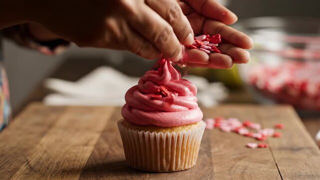 Decorating Cupcake with Pink Frosting and Sprinkles.