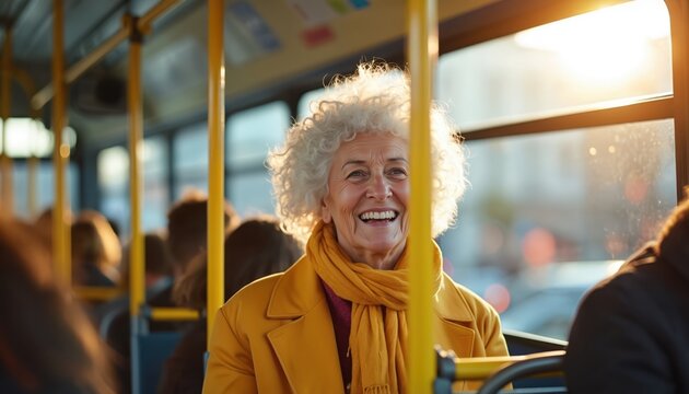 Smiling senior woman with curly hair rides on bus. Elderly lady wears yellow coat and scarf, enjoys daytime journey. Passenger looks out window at city lights.