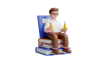 3D Character Sitting on Stack of Books Holding Pencils on transparent background