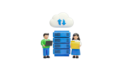 3D Cloud Data Storage and Transfer Concept with People and Servers on transparent background