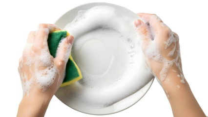 Hands Washing White Plate with Soap and Sponge on White Background