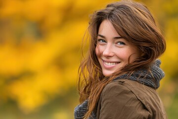 Smiling young woman in autumn outfit outdoors