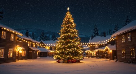 Illuminated Christmas tree in a snowy, festive village square at night