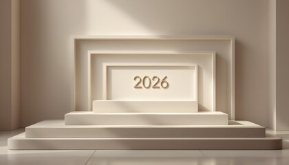 Refined luxury background featuring 2026 year number built from geometric stone layers symbolizing future goals and elegant commercial celebration design