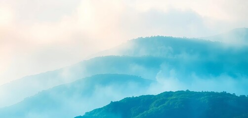 Ethereal washes of blues and greens evoke a misty, mountainous terrain, artistic, atmospheric