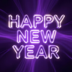 Transparent crystal letters &ldquo;HAPPY NEW YEAR&rdquo;, glowing edges, purple abstract light background