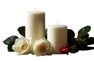 Elegant candle arrangement with roses isolated on white background