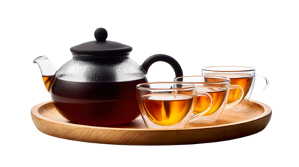 Elegant tea set on wooden tray isolated on white background