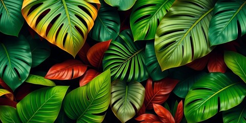 Large, vibrant tropical leaves in lush green and deep jungle tones, forming a repeating pattern,  vibrant,  texture