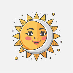 Illustration of a sun with a face and a crescent moon overlay.