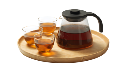 Tea set on wooden tray isolated on white background