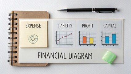 Financial diagram showcasing expense, liability, profit, and capital analysis with graphs on a workspace layout