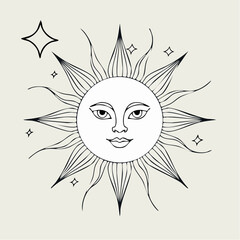 Stylized sun with a face and rays, accompanied by stars, on a light background.