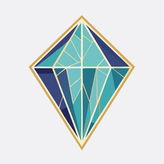 Geometric diamond illustration with blue and gold colors on a white background.