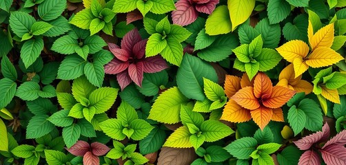 Vibrant green leaves forming a natural collage, diverse textures and shapes, summer, fresh