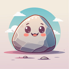 Cute cartoon rock with a smiling face against a pastel sky background.