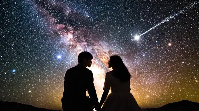 P416-Silhouette of a man and a woman together looking at the starry sky and colorful swirling cosmos. Rom 4K 10s