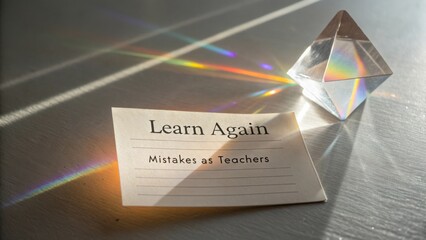 Inspirational Quote on Card with Prism Creating Beautiful Light Spectrum Reflection on Table Surface