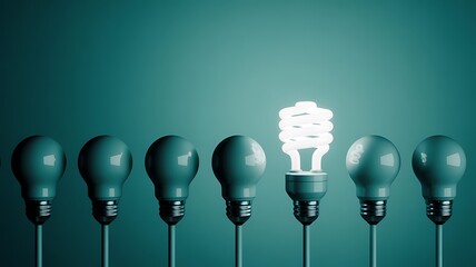 A row of identical light bulbs with one illuminated bulb standing out against a dark teal background