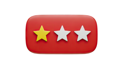 3D Rating system with one yellow star and two white stars on transparent background