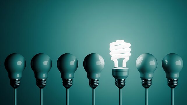 A row of identical light bulbs with one illuminated bulb standing out against a dark teal background