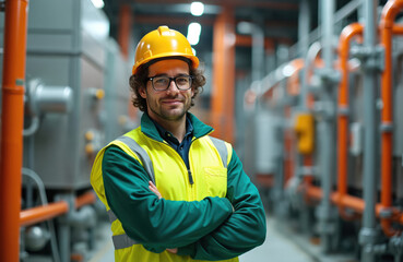Man in hard hat and safety vest smiles with arms crossed in industrial plant. He stands near pipes and machinery of HVAC system. Engineer checks air control equipment. Pro worker in factory.