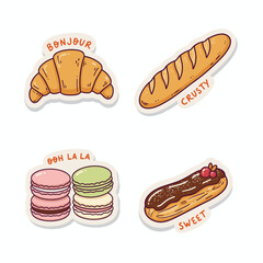 French Pastries Stickers - Croissant, Baguette, Macarons, and Eclair. © Mulyadi Lim