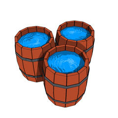 Three Wooden Old Vintage Barrel with Metal Bands filled by Water. Vector Illustration.